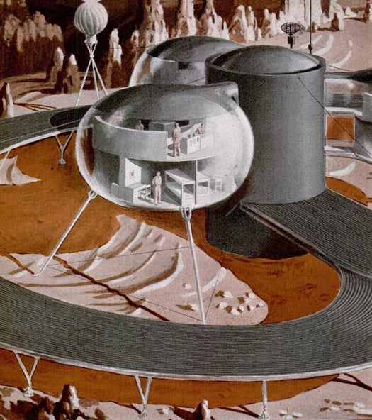 Sure, a Martian base housing 33 men isn't quite a metropolis, but it's a step in the right direction. A ring around plastic pod houses would capture solar heat, while wind generators would help power an artificial atmosphere. Read the full story in <a href="http://books.google.com/books?id=xywDAAAAMBAJ&amp;lpg=PA158&amp;dq=%22spaceship%22&amp;lr&amp;as_pt=MAGAZINES&amp;pg=PA158#v=twopage&amp;q&amp;f=true">"How We'll Live on Mars"</a>