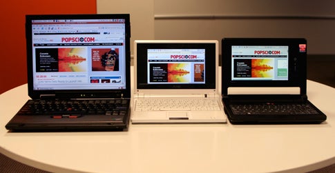 From left to right: a four-year-old IBM Thinkpad X31, the Asus EeePC, and the Everex Cloudbook. Fight!