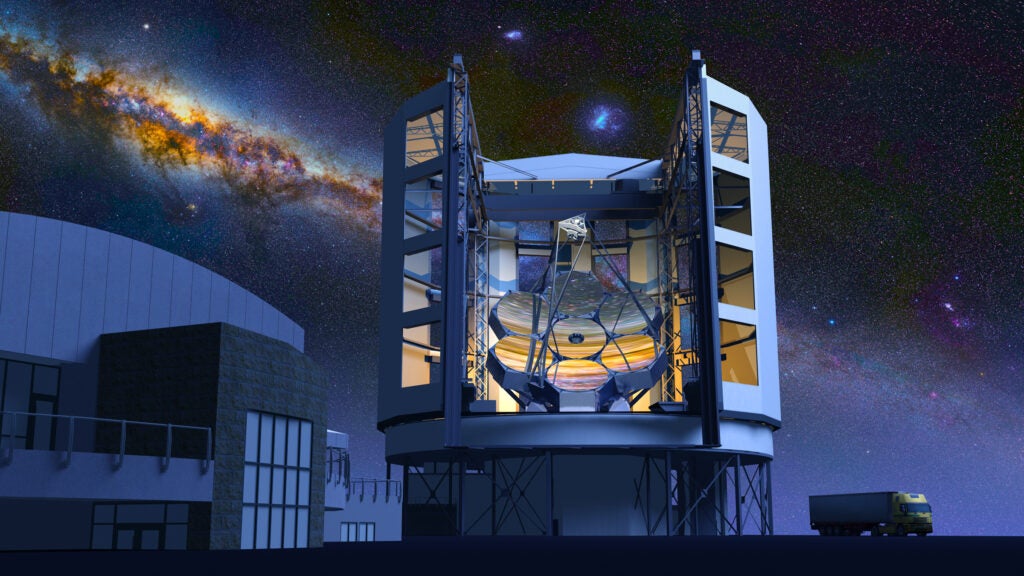 <strong>Location:</strong> Las Campanas, Chile <strong>Groundbreaking:</strong> November 2014 <strong>Expected First Light:</strong> 2021 The GMT’s engineers created a novel cylindrical carousel for the telescope’s dome. About 40 percent of the structure’s surface area is covered in vents. When they open at nightfall, the temperature inside the dome quickly drops to that of the outside air, preventing mismatched temperatures and the distorting turbulent air that comes with them.