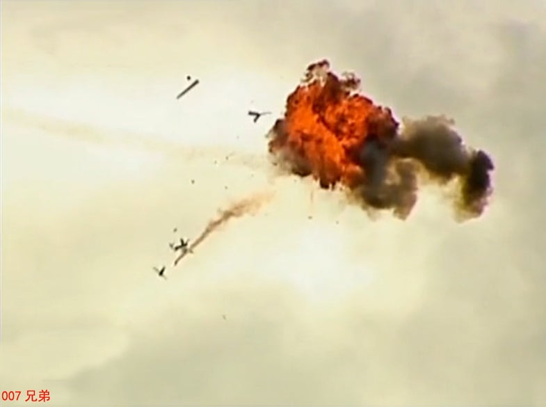 After a direct hit from the TY-90 missile, the target drone is blown to bits. Arming attack helicopters with air to air missiles will likely be a more common sight as helicopters will soon share the skies with enemy UAVs.