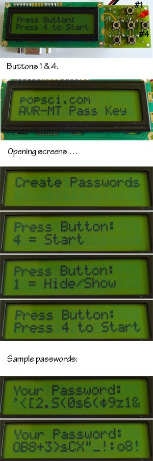 Screens on a Pass Key DIY password generator, showing generated passwords and instructions.