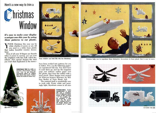 Shop work's not for everyone, but creating homemade Christmas decorations became a cinch in the 1950's after the advent of a now-ubiquitous invention: Styrofoam. "Even if all your 10 fingers are thumbs when it comes to carving, you can wow the neighbors with this stuff," we said. "The material itself is wonderfully easy to work with. Frosty white and amazingly light, Styrofoam comes in all sizes." Not only was Styrofoam easy to obtain, but it gave people living in warmer climates the chance to enjoy a proper winter wonderland. "Your Christmas this year can be white whether it snows or not. All you need is a white foam plastic that makes beautiful window decorations." We included patterns for a candelabra, a helicopter, a pioneer locomotive, and Santa's Model T. Read the full story in "Here's a new way to trim a Christmas Window"