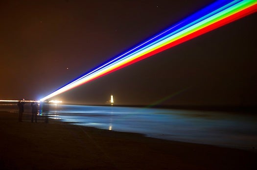 This laser rainbow projection is a project from artist Yvette Mattern. It's a kind of a promotion for the London Olympics; it'll shine along the North Tyneside coastline for four days.