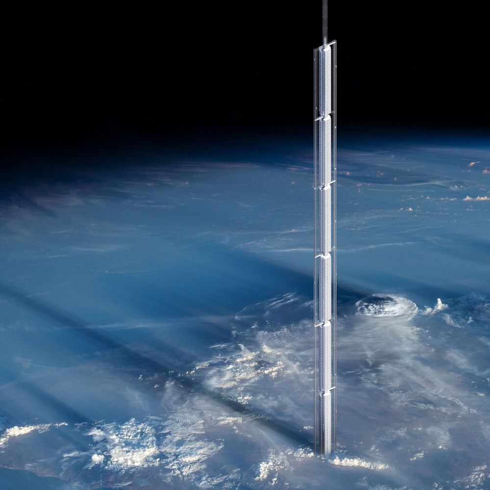 A 100,000 plus foot tower suspended from an asteroid.