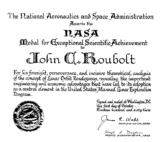 The certificate NASA awarded Houbolt for his work with LOR.