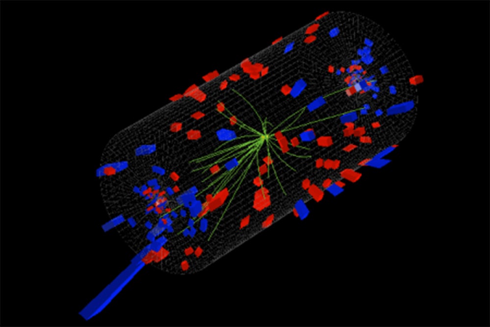 This visualization from the CMS collaboration depicts a proton colliding with a lead nucleus, sending a shower of particles through the detector.