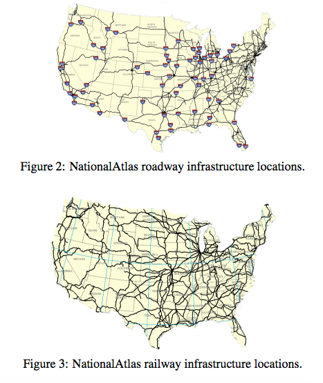 The map of the physical Internet (above) closely follows the map of U.S. roadways, and in some places, the railway map.