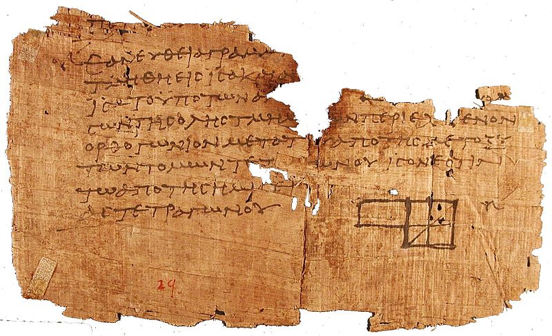 <strong>387 B.C.:</strong> Plato founds his Academy, which continues to operate in Athens for nine centuries. <strong>300 B.C.:</strong> Euclid writes his <em>Elements</em> [pictured: one of the oldest surviving fragments], systematically presenting theorems of geometry and arithmetic. <strong>100 B.C.:</strong> A gear-based device, the Antikythera mechanism, is created to compute calendrical computation. It survives today. <strong>45 B.C.:</strong> Julius Caesar institutes the Julian calendar, establishing the lengths of the 12 months. <em><a href="http://www.wolframalpha.com/docs/timeline/">Content courtesy of Wolfram|Alpha</a></em>