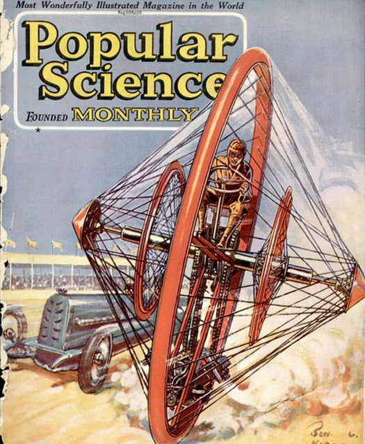 Shaped like a top turned on its side, or a pointy vertical Saturn, this gyroscopic unicycle was supposed to be able to travel at speeds of up to 400 miles per hour, according to Professor E.J. Christie, its inventor, though at the time of this article, it had yet to be tested. The monstrosity was 14 feet across, weighed 2400 pounds and used a 250-horsepower airplane engine for power. The gyroscopes on either side of the center wheel could be shifted to the left or right along their axles using the steering wheel, allowing the rider to turn. Read the full story in Will Gyroscopic Wheel Shatter Speed Records?