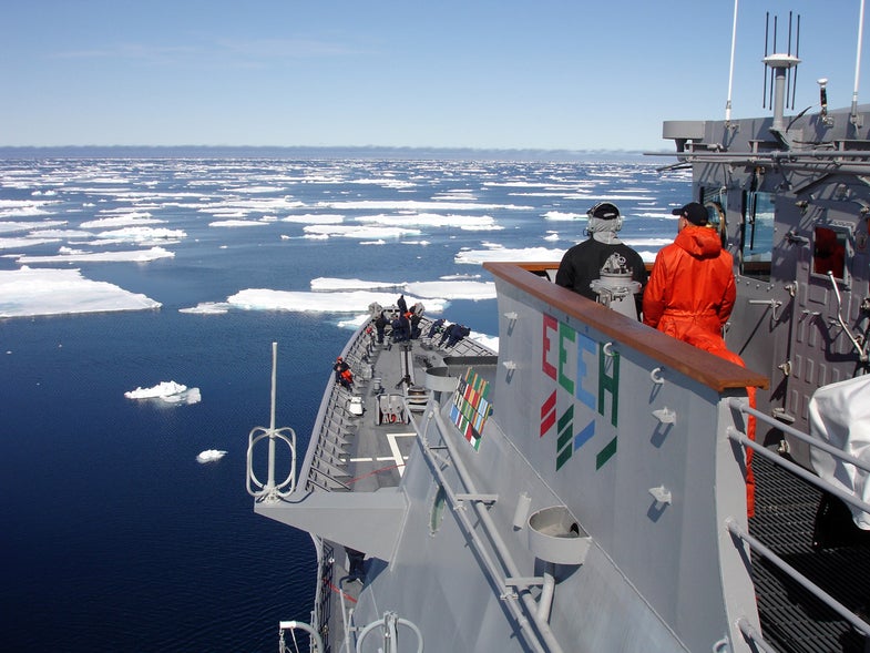 070612-N-2889B-001 ARTIC CIRCLE (June 12, 2007) - Ship's Serviceman Seaman Recruit Jamal Powell, left and Seaman Recruit Stephen Harmon stand forward lookout watch aboard the guided missile cruiser USS Normandy (CG 60) as the ship navigates an ice field north of Iceland. U.S. Navy photo by L.t. j.g Ryan Birkelbach. RELEASED)
