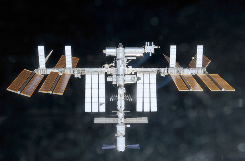 The International Space Station as seen from Discovery's approach.