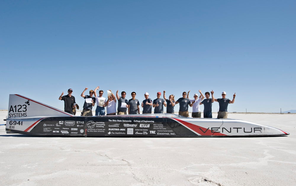 THE team from THE Ohio State University celebrates their world record with the all-electrical terrestrial rocket that touched 320 miles per hour before eventually throwing its clutch.