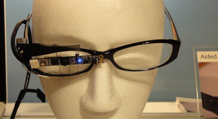 Sony's wearable eye-tracker records what the wearer is seeing. The little blue light indicates that the camera is recording.