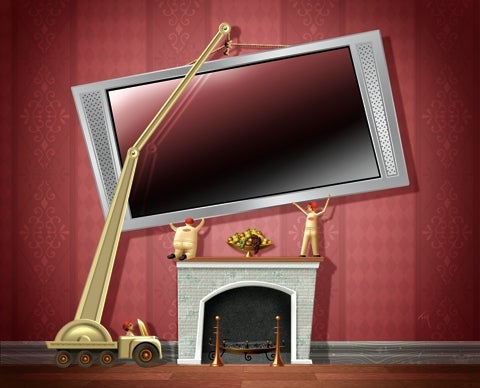 A crane hanging flatscreen TV over a fireplace in a red room. Illustration.