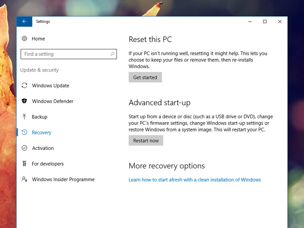 The reset options for Windows 10.