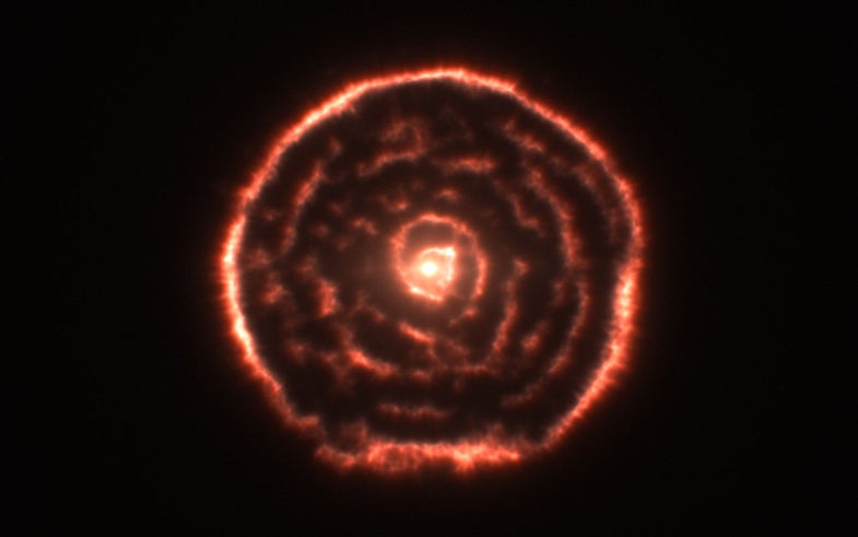 Observations using the Atacama Large Millimeter/submillimeter Array (ALMA) have revealed an unexpected spiral structure in the material around the old star R Sculptoris. This feature has never been seen before and is probably caused by a hidden companion star orbiting the star. This slice through the new ALMA data reveals the shell around the star, which shows up as the outer circular ring, as well as a very clear spiral structure in the inner material.