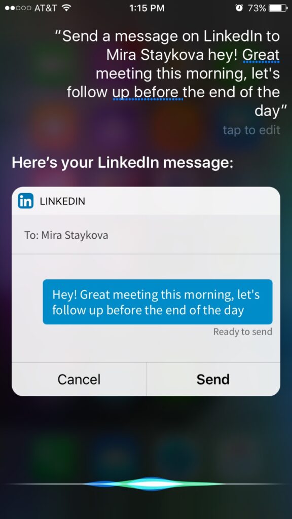 Asking Siri to send a message in LinkedIn
