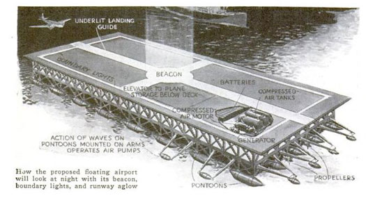 Apparently, floating airports were all the rage in the 1930's. In this model, wave-operated outrigger floats power the station's lights and machinery. Read the full story in "Floating Ocean Airport Gets Power From Waves"
