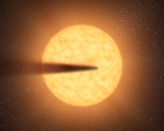 This nearby planet--just 1,500 light years from Earth-- appears to be evaporating before our very eyes. Over the next 100 million years, the planet will completely disintegrate. The planet is orbiting a star cataloged as KIC 12557548 so closely that it makes a complete circuit in just 15 hours--one of the shortest orbital periods ever observed. That close proximity to its star generates temperatures of up to 3,600 degrees on the planet's surface. This extreme heat is causing rocky material to evaporate straight from the surface, forming a wind that carries it into space as gas and dust.