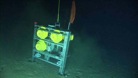 A view from the sub of the benthic lander safely installed on the seafloor.