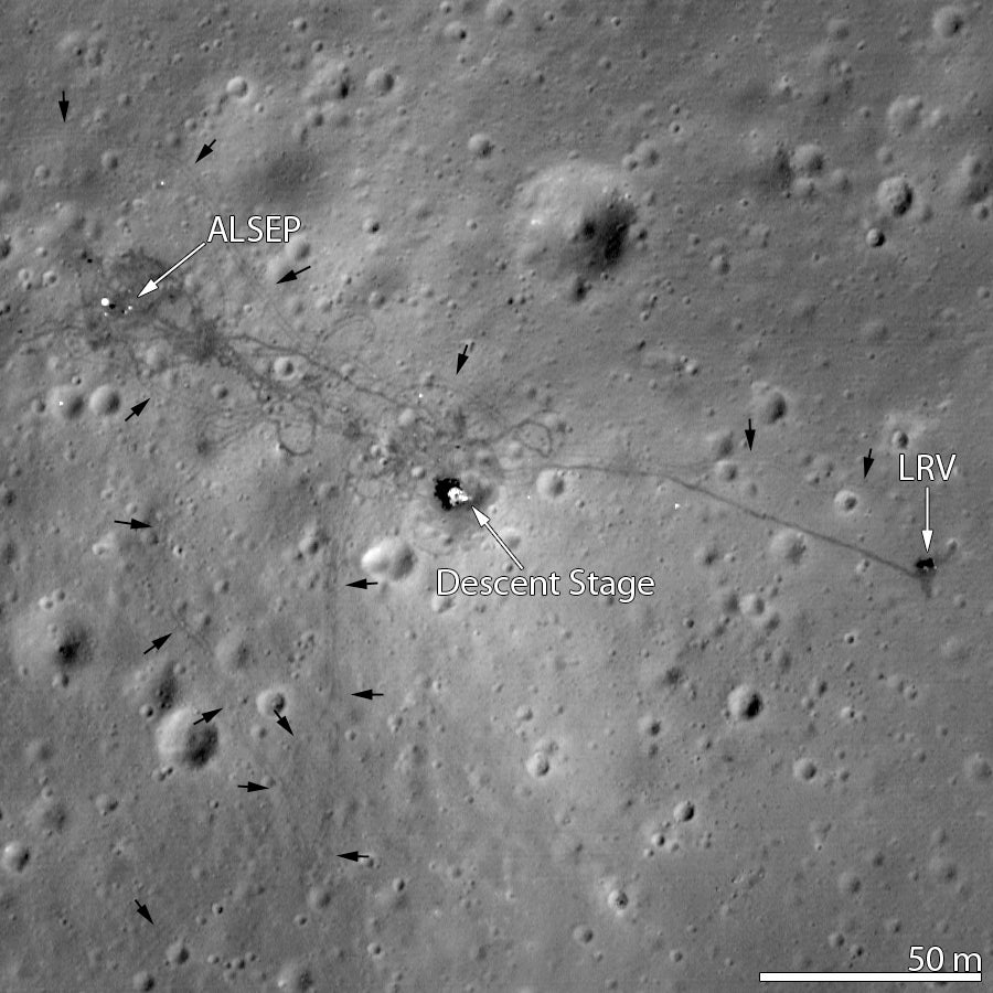 The LRO images of Apollo 15’s landing site shows the first lunar rover tracks on the Moon, and shows where the crew left that first car to drive on the Moon.