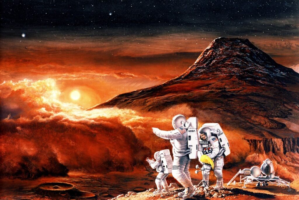 Concept drawing of the first human explorers on Mars