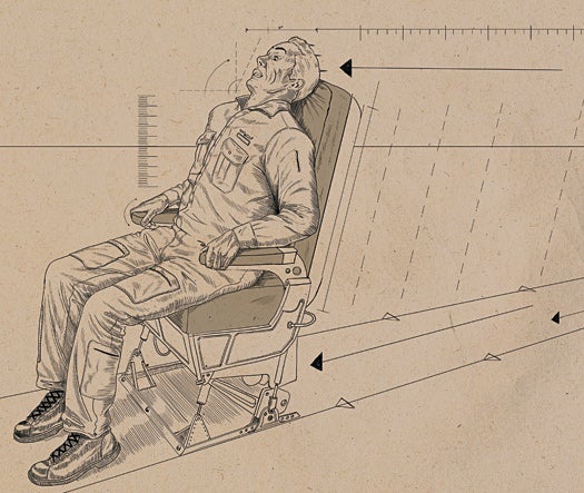 man sitting in an airplane seat under linear acceleration