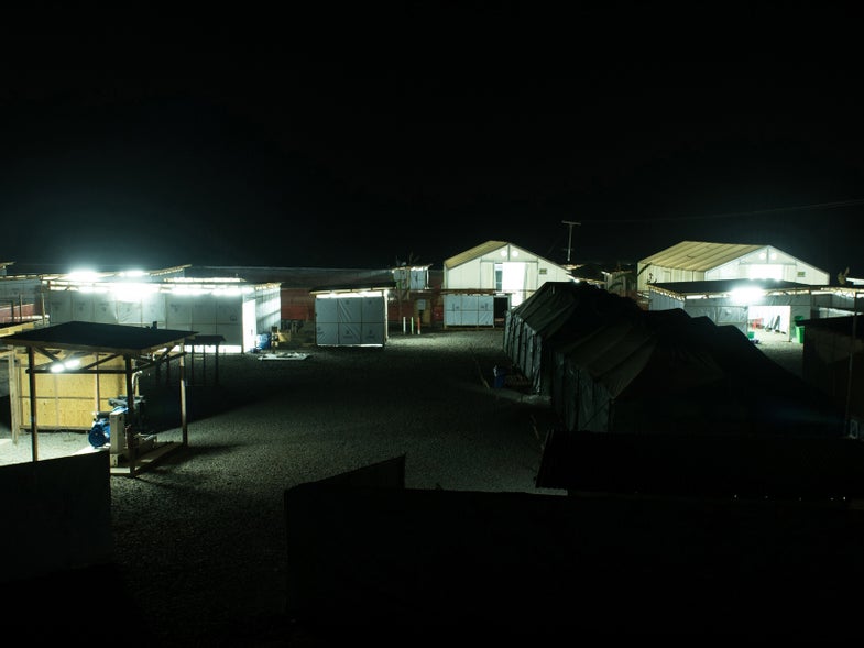 View of an Ebola treatment unit in Liberia, at night