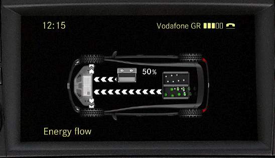 As in many hybrid cars, the Mercedes-Benz F-Cell hydrogen fuel-cell vehicle has a dashboard-mounted screen on which to monitor drive-system performance. In the compact fuel cell system, gaseous hydrogen reacts with atmospheric oxygen at 700 bar to generate a current for the electric motor. A lithium-ion battery with an output of 35 kW and a capacity of 1.4 kWh boosts power and recovers braking energy.