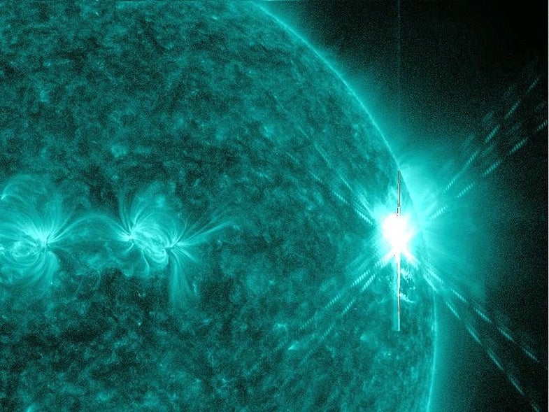 On August 9, 2011 at 3:48 a.m. EDT, the sun emitted an Earth-directed X6.9 flare, as measured by the NOAA GOES satellite. These gigantic bursts of radiation can disrupt the atmosphere and interfere with GPS and communications signals. New research shows that strange solar interactions with radioactive particles on Earth could be used as an early warning system for flares like this one.