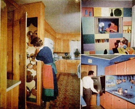 In the same vein as Cornell's research, "modern kitchen studies" strove to speed up work in the kitchen via technology and inventive design. New range and built-in ovens were small enough to fit in tight spaces, while supply areas are clustered around work centers. Although nowadays we take it for granted that kitchens are filled with drawers and twin cabinets, back in the 1950's, storage units designed to maximize workspace and minimize dashing around were a big deal. For our readers who happened to enjoy shop work, we provided instructions on building the cabinets pictured left. Read the full story in "How to Build Good Kitchen Cabinets"