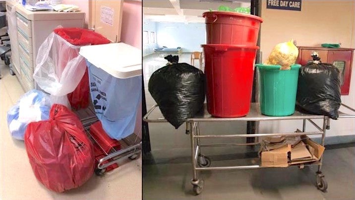 The waste generated by just one cataract surgery in the United States (left); the waste generated by 93 cataract surgeries at Aravind (right)