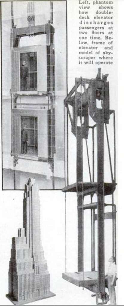 "The world's first double-deck elevators have just been installed in New York City's newest skyscraper. They will enable eight elevator shafts to do the usual work of fourteen in the Cities Service Building, third highest in the world, with a tremendous saving of valuable floor space." Read the rest of the story in the January 1932 issue of <em>Popular Science</em>.