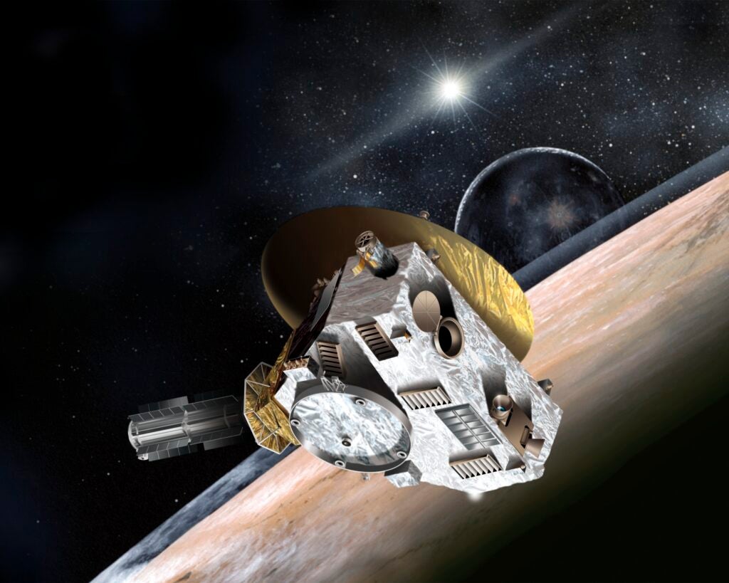 An artist rendering of the New Horizons spacecraft's close encounter with Pluto