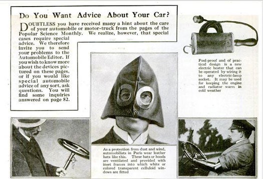 The automobile had only recently gone into mass production, but people were already producing a slew of accessories for the auto enthusiast. The hooded cap you see pictured left protects your face from dust, while the electric heater on the top right would keep the engine and radiator warm during winter. On the bottom right, a one-armed man enjoys the thrills of driving, thanks to a novel steering wheel that lets him maneuver it with a prosthesis. Other must-have items included sliding drawers beneath the front seat (for storing tools), and tires with suctioned surfaces to prevent skidding. Read the full story in "New Accessories for the Owner of Motor-Truck or Automobile"