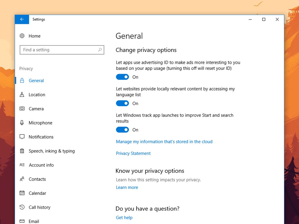 Privacy settings on Windows 10.