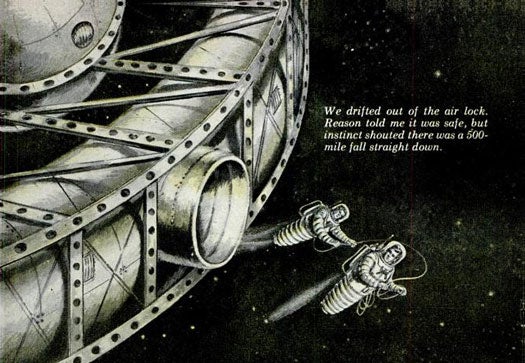 As big Arthur C. Clarke fans, we published a condensed version of his novel <em>Islands in the Sky</em> in our June 1953 issue. The novel tells the story of Roy Malcolm, a young man who visits the permanent satellites use for telecommunications, refueling, and stopovers to other planets. The doughnut-shaped Residential Station served as an acclimatization center for people traveling between Mars, the moon, and Earth. Clarke imagined that the station's constant spin would provide earth gravity at its rim. The cylindrical lower halves in the cocoon-like spacesuits pictured left contained pedals for mobility. <em>Islands in the Sky</em>, while fictional, reflects the optimism people held in our space exploration programs. Read the full story in "Next Month: Islands in the Sky"