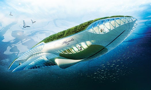 Hydroturbines under the hull generate electricity.