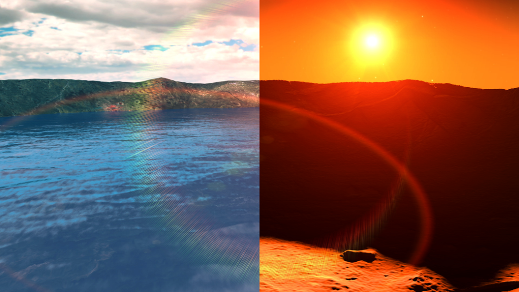 The image on the left is an artist’s conception of what an early Martian environment containing liquid water and a thick atmosphere might have looked like. It’s juxtaposed with Mars today (right), which is dry and barren, and has a depleted atmosphere. MAVEN is collecting data that can help researchers understand how Mars lost most of its atmosphere.