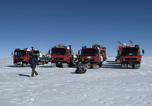 The four monster land vehicles used in the 2008-2009 East Antarctic Traverse were named after famous sled dogs of early polar explorations. From left are Jack, Sembla, Lasse, and Chinook. Stories about the early American and Norwegian Antarctic explorers and the dogs who pulled their sleds can be found on the project's <a href="http://traverse.npolar.no/historical-traverses/historic-names/">web site.</a>
