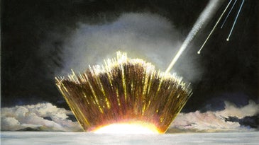 an illustration of an asteroid hitting ice and sending debris into the air