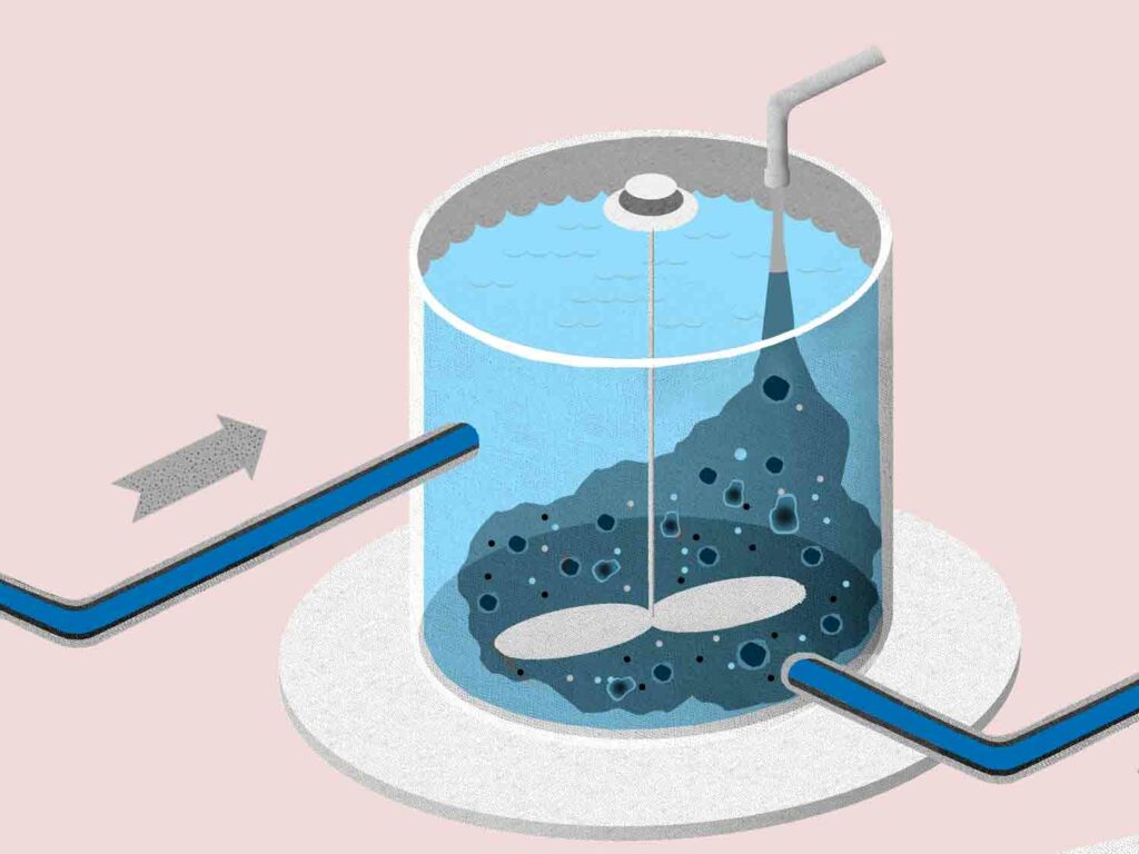 A blue wastewater pipe leading into a large storage tank with a propeller at the bottom that mixes up the sewage. Illustration.