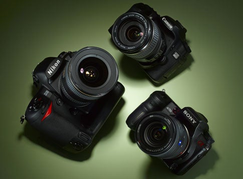 THE DARK ARTS With megapixels in abundance, low-light performance is the new battle ground for digital cameras--especially SLRs. From left to right: the Nikon D3, the Canon EOS 40D and the Sony Alpha A700.
