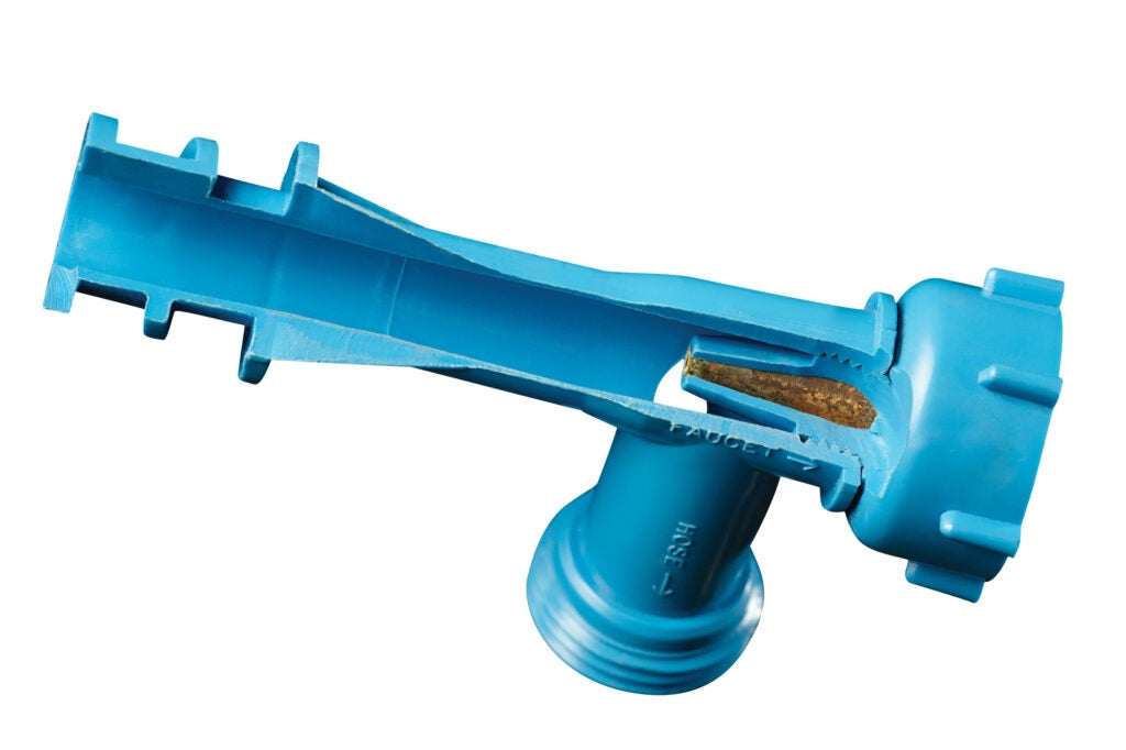 A cutaway view of a plastic Venturi pump designed to suck up water with a garden hoseâattached to the end of a cutting torch.