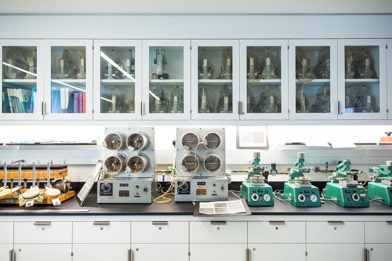 Various equipment fills the counters and cabinets at a materials laboratory at Fashion Institute of Technology in New York City on September 19th, 2012. The lab tested the authenticity of four different fabrics purported to be cashmere. CREDIT: Bryan Derballa for The Daily