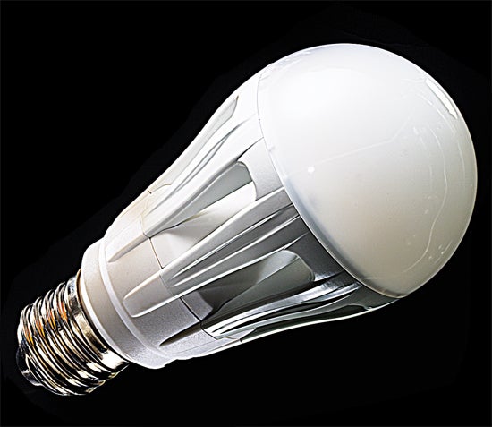 Sylvania's 810-lumen bulb aims to make objects look vibrant, whether they're dark red or plain white. It packs several red and mint-green LEDs, creating a broad-spectrum light. Its lower half, a heat sink with big airflow openings, limits its rays' reach but keeps LEDs cool. <a href="http://sylvania.com">Sylvania Ultra A Line</a><br />
Price not set