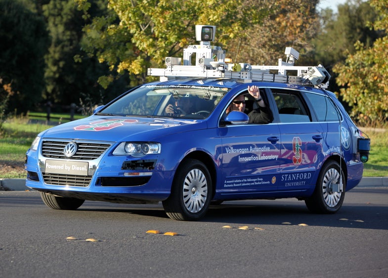 Volkswagen's self-driving car employs LiDAR and cameras, that feed into computers in the rear of the vehicle, to navigate and avoid obstacles on roadways.
