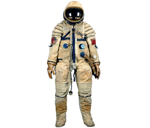 The Apollo-Soyuz Test Project was the first joint space mission between Russian and American astronauts. Soyuz 19's commander, Alexei Leonov, wore this suit. <strong>Mission:</strong> Apollo-Soyuz Test Project, 1975 <strong>Price Tag:</strong> Sold for $242,000 at Bonhams