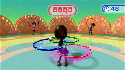 And hula hoop (shown), basic step, and basic run are among the aerobic exercises available.