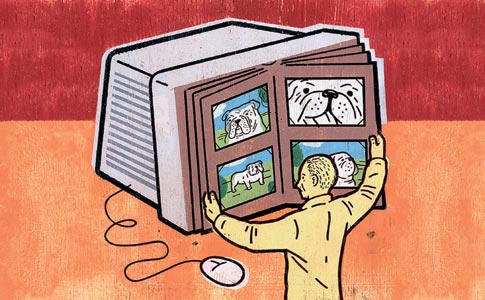 A person opening a large photo album that's also a computer screen. Illustration.